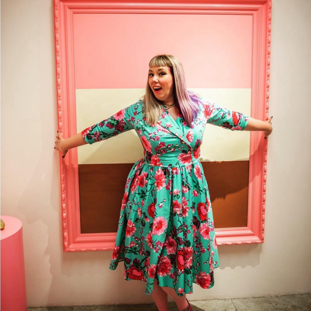 Pinup Couture 50s Birdie Floral Dress in Turquoise and Pink like new 2XL